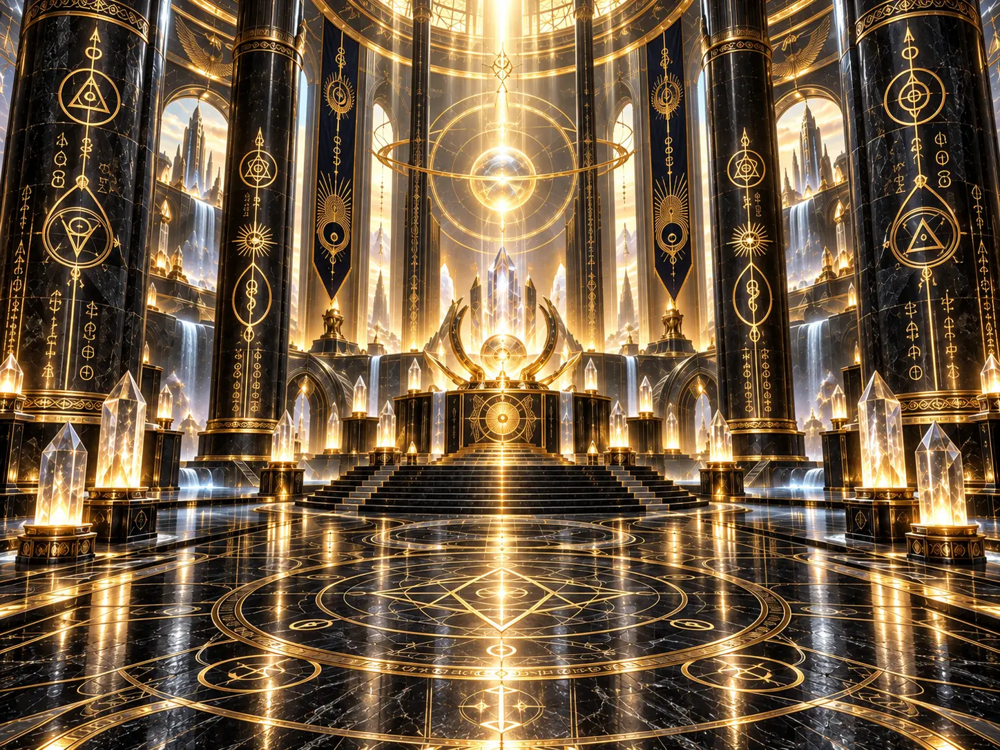 Templo atlante de mármore negro e ouro, com colunas, cristais e símbolos sagrados iluminados
