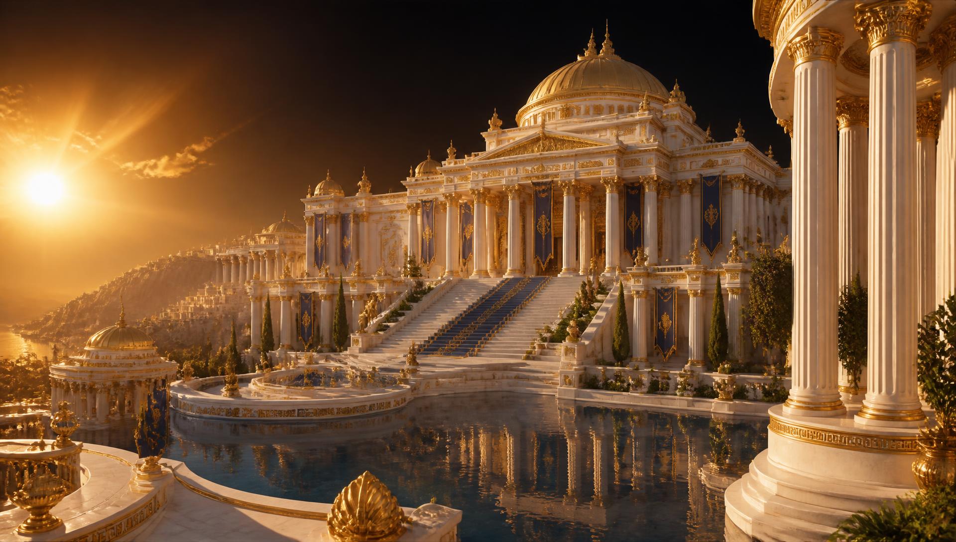 Templo atlante em seu apogeu, mármore branco e ouro sob a luz do amanhecer