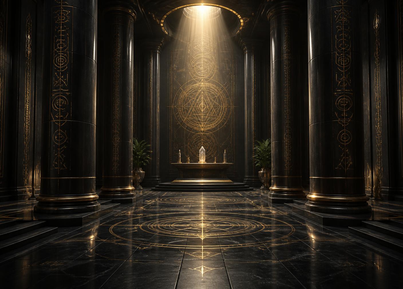 Salão interno de um templo atlante com símbolos dourados nas paredes